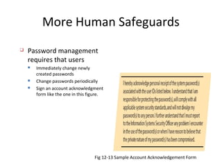 More Human Safeguards
 Password management
requires that users
 Immediately change newly
created passwords
 Change passwords periodically
 Sign an account acknowledgment
form like the one in this figure.
Fig 12-13 Sample Account Acknowledgement Form
 