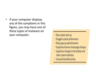 • If your computer displays
any of the symptoms in this
figure, you may have one of
these types of malware on
your compute...