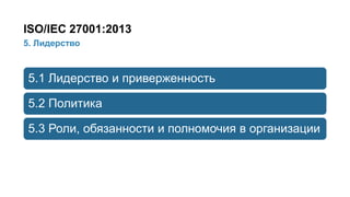 20/91
5. Лидерство
ISO/IEC 27001:2013
5.1 Лидерство и приверженность
5.2 Политика
5.3 Роли, обязанности и полномочия в организации
 