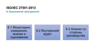 24/91
9. Оценивание пригодности
ISO/IEC 27001:2013
9.1 Мониторинг,
измерения,
анализ и
оценивание
9.2 Внутренний
аудит
9.3 Анализ со
стороны
руководства
 