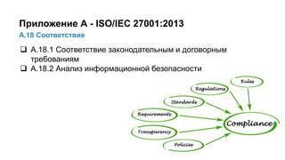 42/91
А.18 Соответствие
Приложение А - ISO/IEC 27001:2013
 А.18.1 Соответствие законодательным и договорным
требованиям
 А.18.2 Анализ информационной безопасности
 
