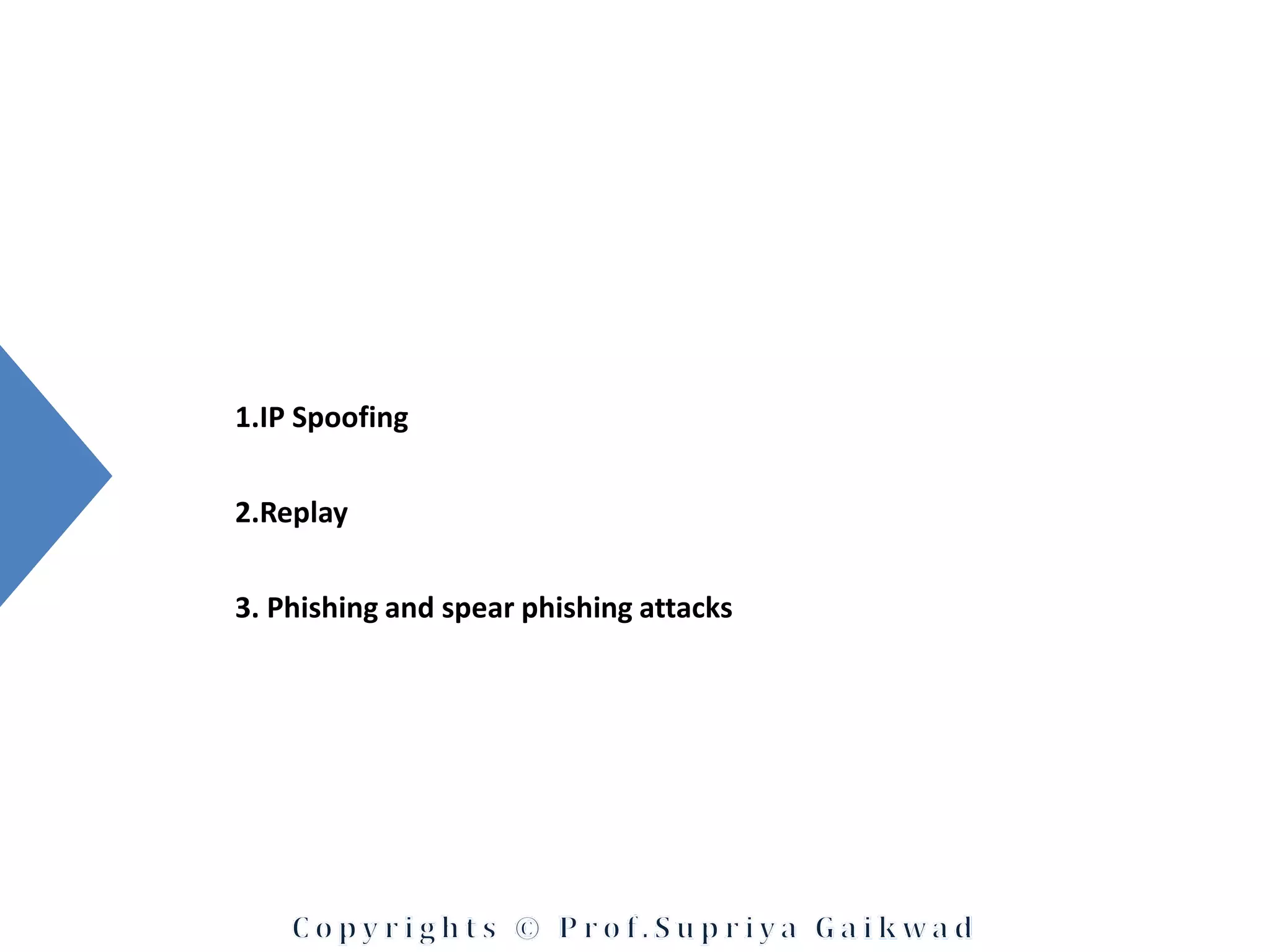 1.IP Spoofing
2.Replay
3. Phishing and spear phishing attacks
 
