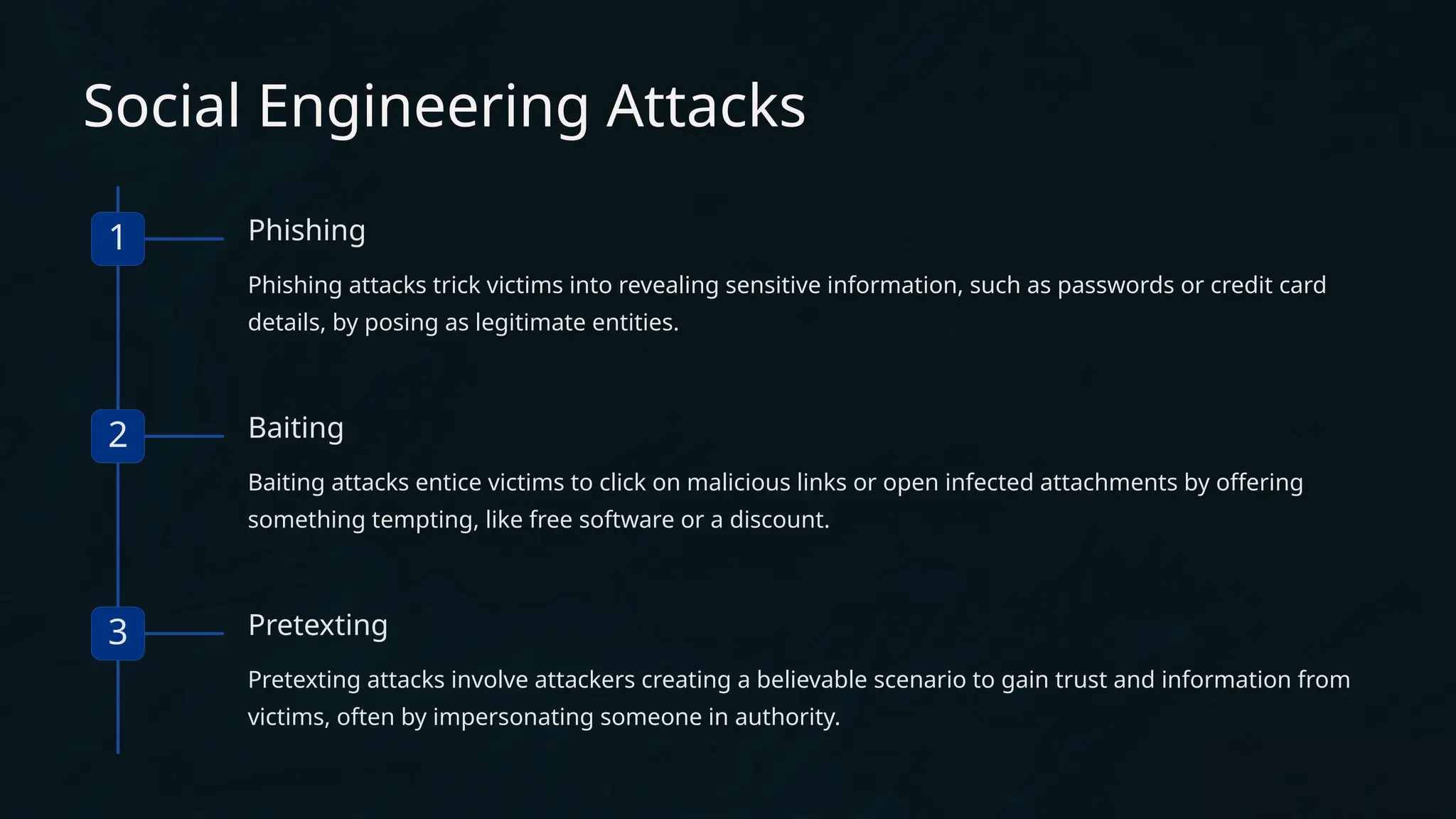 Social Engineering Attacks
1 Phishing
Phishing attacks trick victims into revealing sensitive information, such as passwords or credit card
details, by posing as legitimate entities.
2 Baiting
Baiting attacks entice victims to click on malicious links or open infected attachments by offering
something tempting, like free software or a discount.
3 Pretexting
Pretexting attacks involve attackers creating a believable scenario to gain trust and information from
victims, often by impersonating someone in authority.
 