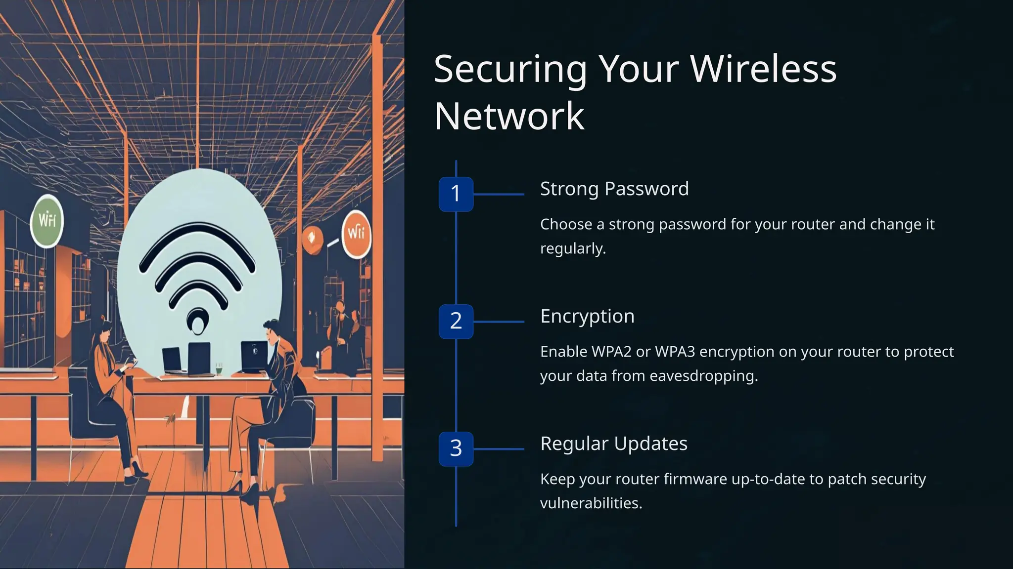 Securing Your Wireless
Network
1 Strong Password
Choose a strong password for your router and change it
regularly.
2 Encryption
Enable WPA2 or WPA3 encryption on your router to protect
your data from eavesdropping.
3 Regular Updates
Keep your router firmware up-to-date to patch security
vulnerabilities.
 