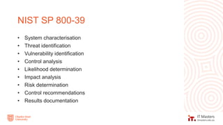 • System characterisation
• Threat identification
• Vulnerability identification
• Control analysis
• Likelihood determination
• Impact analysis
• Risk determination
• Control recommendations
• Results documentation
NIST SP 800-39
 