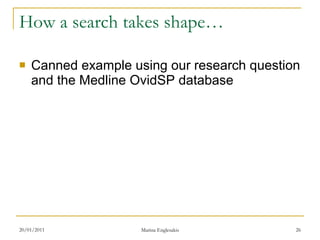 How a search takes shape… Canned example using our research question and the Medline OvidSP database 