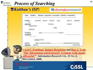 18
Process of Searching
Kulthau’s ISP:
• Carol C. Kuhlthau, Jannica Heinström and Ross J. Todd,
“The „information search process‟ revisited: is the model
still useful?” Information Research VOL. 13 NO. 4,
DECEMBER, 2008.
 