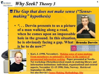 6
Why Seek? Theory 3
The Gap that does not make sense (“Sense-
making” hypothesis)
• “. . . Dervin presents to us a picture
of a man walking along a road,
when he comes upon an impassable
hole in the ground. In this situation,
he is obviously facing a gap. What
is he to do now?”
• Kari, J. (1998, November). Making sense of sense-making:
From metatheory to substantive theory in the context of
paranormal information seeking. Paper presented at Nordis-
Net workshop (Meta)theoretical stands in studying library and
information institutions: individual, organizational and societal
aspects, November 12–15 1998, Oslo, Norway. Retrieved
September 22, 2004.
See also Dervin‟s Sense-Making Methodology Site
Brenda Dervin
 