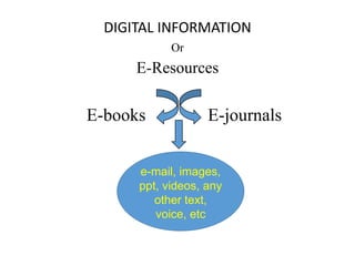 DIGITAL INFORMATION
Or
E-Resources
E-books E-journals
e-mail, images,
ppt, videos, any
other text,
voice, etc
 