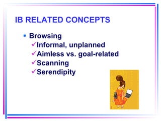 IB RELATED CONCEPTS   Browsing Informal, unplanned Aimless vs. goal-related Scanning Serendipity 