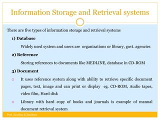 Information Storage and Retrieval systems
There are five types of information storage and retrieval systems
1) Database
Widely used system and users are organizations or library, govt. agencies
2) Reference
Storing references to documents like MEDLINE, database in CD-ROM
3) Document
 It uses reference system along with ability to retrieve specific document
pages, text, image and can print or display eg. CD-ROM, Audio tapes,
video film, Hard disk
 Library with hard copy of books and journals is example of manual
document retrieval system
Prof. Krushna K Zambare
 
