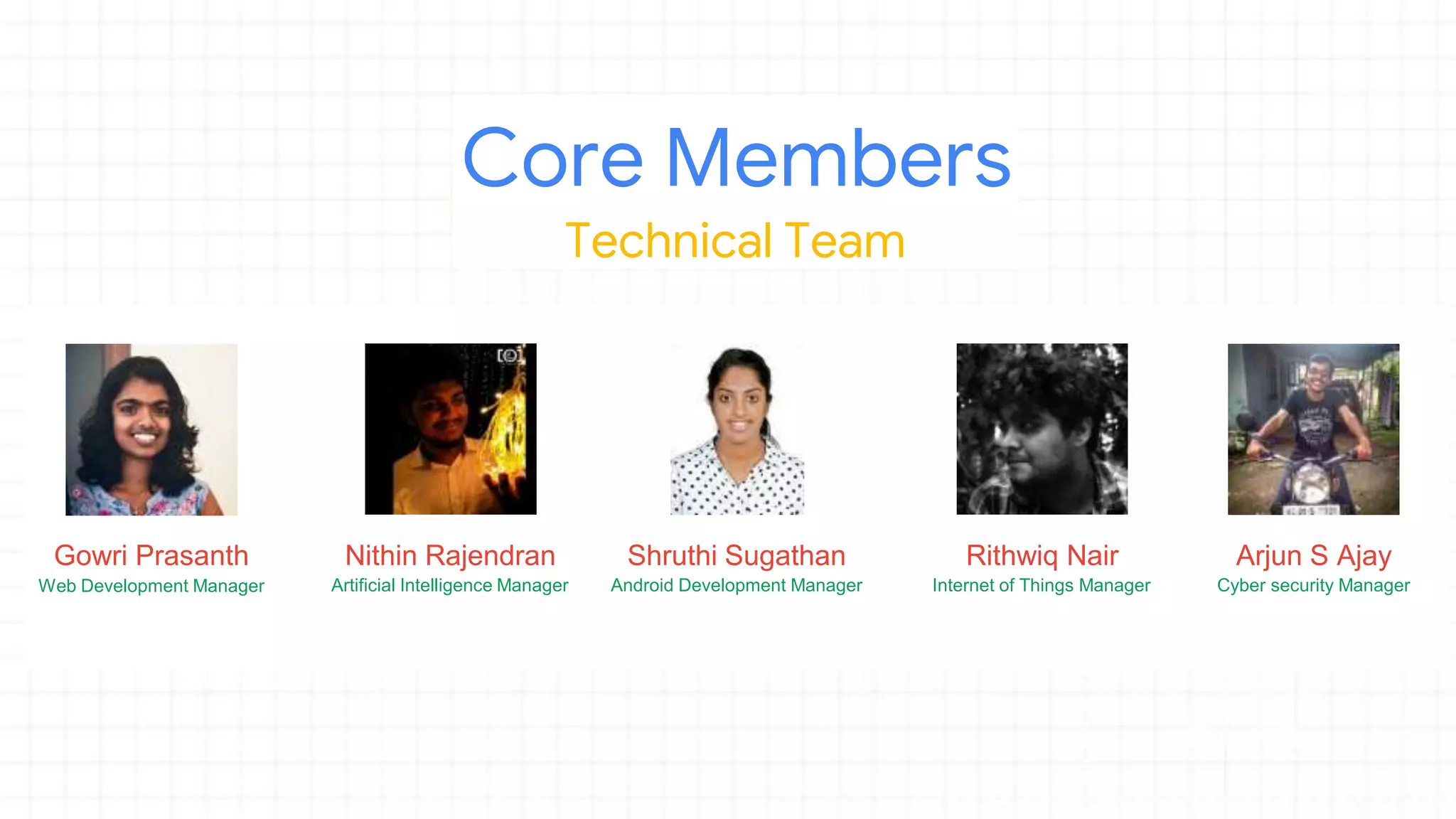 Kunal
Sharma
Core Members
Gowri Prasanth Nithin Rajendran Shruthi Sugathan Rithwiq Nair Arjun S Ajay
Cyber security ManagerInternet of Things ManagerAndroid Development ManagerArtificial Intelligence ManagerWeb Development Manager
Technical Team
 
