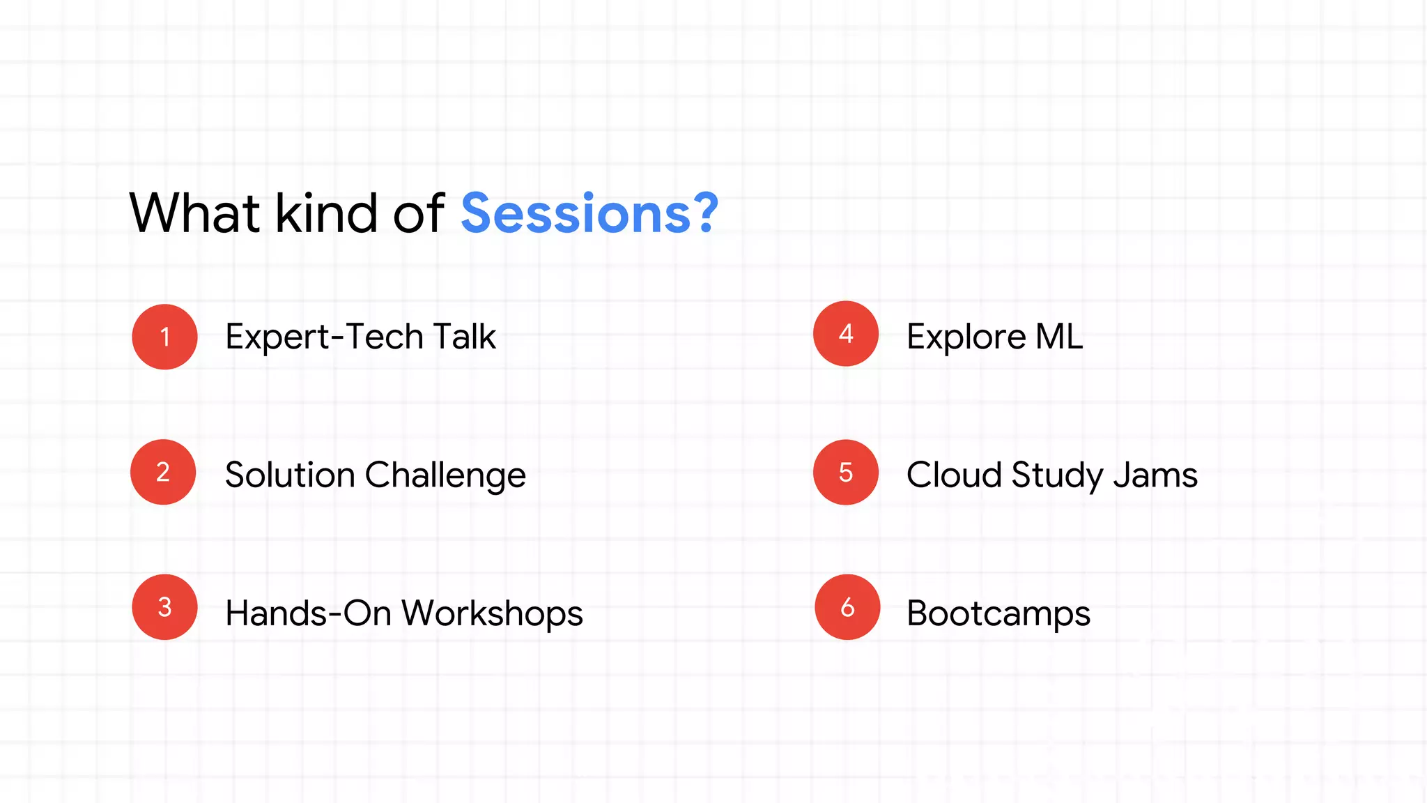What kind of Sessions?
1
3
2
Expert-Tech Talk
Solution Challenge
Hands-On Workshops 6
5
4
Bootcamps
Cloud Study Jams
Explore ML
 