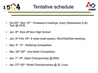 Tentative schedule


• Oct 20th -Dec 15th : Preseason meetings, every Wednesday 5:30-
  7pm @ OHS.

• Jan. 8th: Kick off Novi High School

• Jan. 8th-Feb 19th: 6 week build season, Mon/Wed/Sat meetings

• Mar. 4th - 5th : Kettering Competition

• Mar. 25th-26th : Ann Arbor Competition

• Apr. 7th -9th: State Championship @ EMU

• Apr. 27th-30th: World Championships @ St. Louis
 