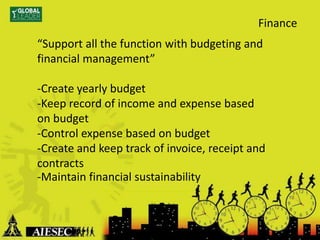 “Support all the function with budgeting and
financial management”
-Create yearly budget
-Keep record of income and expense based
on budget
-Control expense based on budget
-Create and keep track of invoice, receipt and
contracts
-Maintain financial sustainability
Finance
 