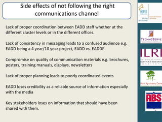 Side effects of not following the right communications channel  Lack of proper coordination between EADD staff whether at the different cluster levels or in the different offices. Lack of consistency in messaging leads to a confused audience e.g. EADD being a 4 year/10 year project, EADD vs. EADDP. Compromise on quality of communication materials e.g. brochures, posters, training manuals, displays, newsletters  Lack of proper planning leads to poorly coordinated events EADD loses credibility as a reliable source of information especially with the media  Key stakeholders loses on information that should have been shared with them. 