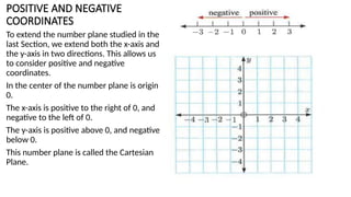 POSITIVE AND NEGATIVE
COORDINATES
To extend the number plane studied in the
last Section, we extend both the x-axis and
the y-axis in two directions. This allows us
to consider positive and negative
coordinates.
In the center of the number plane is origin
0.
The x-axis is positive to the right of 0, and
negative to the left of 0.
The y-axis is positive above 0, and negative
below 0.
This number plane is called the Cartesian
Plane.
 