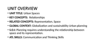 UNIT OVERVIEW
• UNIT TITLE: Urban Spaces
• KEY CONCEPTS: Relationships
• RELATED CONCEPTS: Representation, Space
• GLOBAL CONTEXT: Globalization and sustainability Urban planning
• S.O.I: Planning requires understanding the relationship between
space and its representation.
• ATL SKILLS: Communication and Thinking Skills
 
