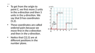 NUMBER GRID
• To get from the origin to
point C, we first move 2 units
in the x-direction and then 5
units in the y-direction. We
say that D has coordinates
(5,2).
• These coordinates are called
ordered pairs because we
move first in the x-direction
and then in the y-direction.
• Notice that C(2,5) are at
different positions in the
number plane.
 