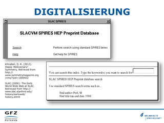 DIGITALISIERUNG

Khirallah, D. R. (2012).
Happy Webiversary!
Symmetry, Retrieved from
http://
www.symmetrymagazine.org
/cms/?pid=1000922
SLAC (2006): The Early
World Wide Web at SLAC.
Retrieved from http://
www.slac.stanford.edu/
history/earlyweb/
history.shtml

 