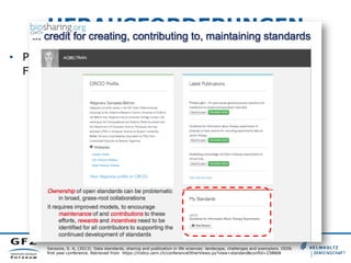 HERAUSFORDERUNGEN
•  Persistente Verlinkungen aller Objekte im
Forschungsprozess („connectivity“)

Sansone, S. A, (2013). Data standards, sharing and publication in life sciences: landscape, challenges and exemplars. ODIN
first year conference. Retrieved from https://indico.cern.ch/conferenceOtherViews.py?view=standard&confId=238868

 