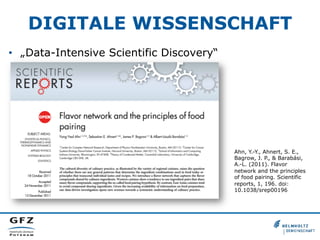DIGITALE WISSENSCHAFT
•  „Data-Intensive Scientific Discovery“

Ahn, Y.-Y., Ahnert, S. E.,
Bagrow, J. P., & Barabási,
A.-L. (2011). Flavor
network and the principles
of food pairing. Scientific
reports, 1, 196. doi:
10.1038/srep00196

 