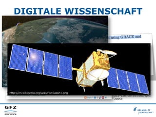 DIGITALE WISSENSCHAFT
•  „Data-Intensive Scientific Discovery“

http://commons.wikimedia.org/wiki/File:Grace_satellites.jpg
http://en.wikipedia.org/wiki/File:Jason1.png

Jensen, L., Rietbroek, R., &
Kusche, J. (2013). Land
water contribution to sea
level from GRACE and
Jason-1measurements.
Journal of Geophysical
Research: Oceans, 118(1),
212–226. doi:10.1002/jgrc.
20058

 