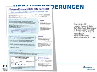 HERAUSFORDERUNGEN
Beagrie, C. (2011).
Keeping Research Data
Safe Factsheet. Cost issues
in digital preservation of
research data. Retrieved
from http://
www.beagrie.com/
KRDS_Factsheet_0711.pdf

 
