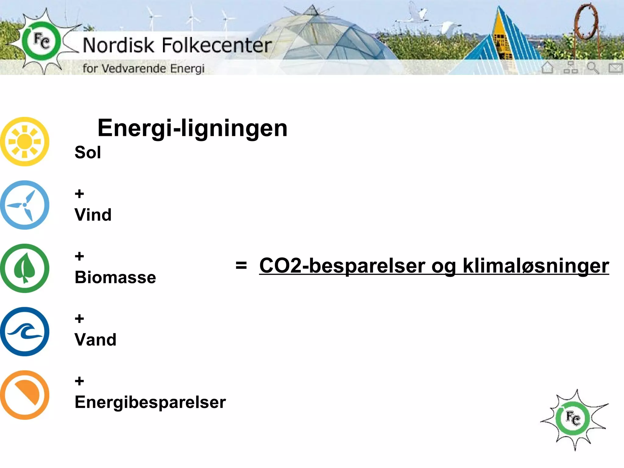 Energi-ligningen Sol + Vind + Biomasse + Vand + Energibesparelser =  CO2-besparelser og klimaløsninger 
