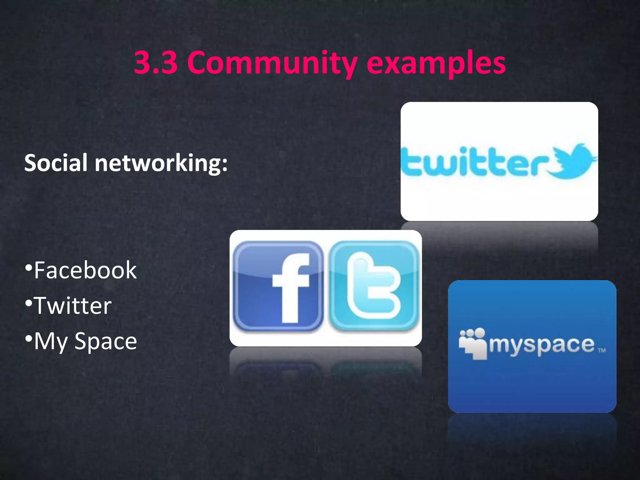 3.3 Community examples

Social networking:


•Facebook
•Twitter
•My Space
 
