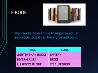 E-BOOK
• This can be an example to improve actual
education. But it can have pros and cons.
PROS CONS
LIGHTER THAN BOOKS BATTERY
SEVERAL USES BROKE
ALL BOOKS IN ONE EYE SUFFERING
 