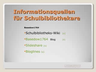 Informationsquellen  für Schulbibliothekare Basedow1764 Schulbibliotheks-Wiki  (x) Basedow1764   Blog  (X) Slideshare   (x) Bloglines   (x) 3. Schleswig-Holsteinischer Schulbibliothekstag Husum 