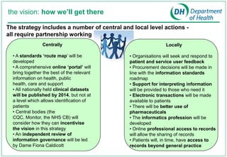 the vision: how we‟ll get there

The strategy includes a number of central and local level actions -
all require partnership working
                Centrally                                    Locally

  • A standards „route map’ will be          • Organisations will seek and respond to
  developed                                  patient and service user feedback
  • A comprehensive online „portal‟ will     • Procurement decisions will be made in
  bring together the best of the relevant    line with the information standards
  information on health, public              roadmap
  health, care and support                   • Support for interpreting information
  • All nationally held clinical datasets    will be provided to those who need it
  will be published by 2014, but not at      • Electronic transactions will be made
  a level which allows identification of     available to patients
  patients                                   • There will be better use of
  • Central bodies (the                      pharmaceuticals
  CQC, Monitor, the NHS CB) will             • The informatics profession will be
  consider how they can incentivise          developed
  the vision in this strategy                • Online professional access to records
  • An independent review of                 will allow the sharing of records
  information governance will be led         • Patients will, in time, have access to
  by Dame Fiona Caldicott                    records beyond general practice
 