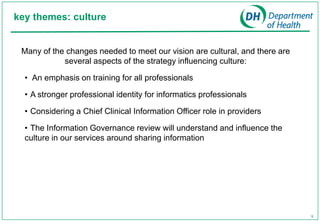 key themes: culture


 Many of the changes needed to meet our vision are cultural, and there are
            several aspects of the strategy influencing culture:

  • An emphasis on training for all professionals

  • A stronger professional identity for informatics professionals

  • Considering a Chief Clinical Information Officer role in providers

  • The Information Governance review will understand and influence the
  culture in our services around sharing information




                                                                             9
 