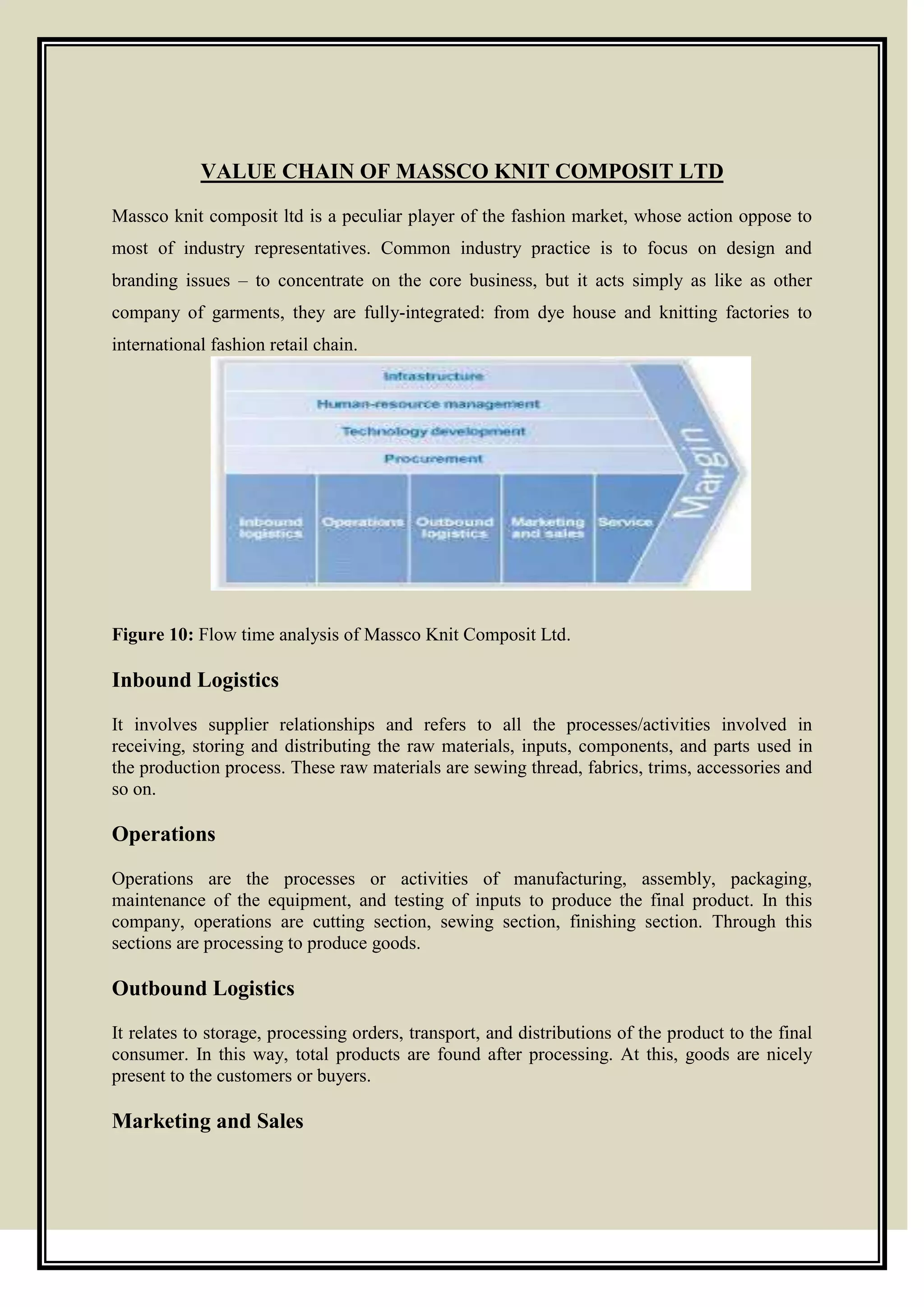 VALUE CHAIN OF MASSCO KNIT COMPOSIT LTD
Massco knit composit ltd is a peculiar player of the fashion market, whose action oppose to
most of industry representatives. Common industry practice is to focus on design and
branding issues – to concentrate on the core business, but it acts simply as like as other
company of garments, they are fully-integrated: from dye house and knitting factories to
international fashion retail chain.
Figure 10: Flow time analysis of Massco Knit Composit Ltd.
Inbound Logistics
It involves supplier relationships and refers to all the processes/activities involved in
receiving, storing and distributing the raw materials, inputs, components, and parts used in
the production process. These raw materials are sewing thread, fabrics, trims, accessories and
so on.
Operations
Operations are the processes or activities of manufacturing, assembly, packaging,
maintenance of the equipment, and testing of inputs to produce the final product. In this
company, operations are cutting section, sewing section, finishing section. Through this
sections are processing to produce goods.
Outbound Logistics
It relates to storage, processing orders, transport, and distributions of the product to the final
consumer. In this way, total products are found after processing. At this, goods are nicely
present to the customers or buyers.
Marketing and Sales
 
