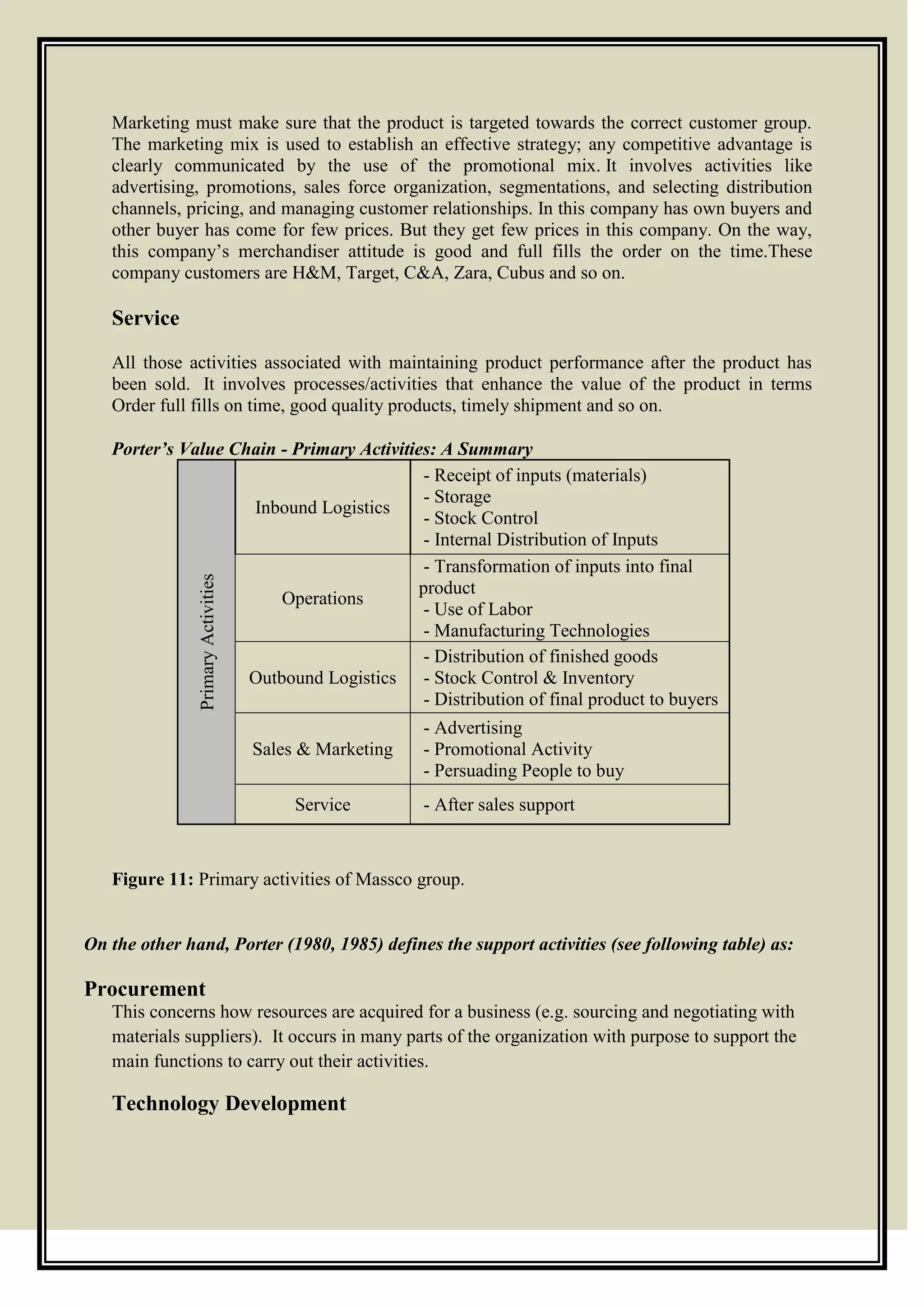 Marketing must make sure that the product is targeted towards the correct customer group.
The marketing mix is used to establish an effective strategy; any competitive advantage is
clearly communicated by the use of the promotional mix. It involves activities like
advertising, promotions, sales force organization, segmentations, and selecting distribution
channels, pricing, and managing customer relationships. In this company has own buyers and
other buyer has come for few prices. But they get few prices in this company. On the way,
this company’s merchandiser attitude is good and full fills the order on the time.These
company customers are H&M, Target, C&A, Zara, Cubus and so on.
Service
All those activities associated with maintaining product performance after the product has
been sold. It involves processes/activities that enhance the value of the product in terms
Order full fills on time, good quality products, timely shipment and so on.
Porter’s Value Chain - Primary Activities: A Summary
PrimaryActivities
Inbound Logistics
- Receipt of inputs (materials)
- Storage
- Stock Control
- Internal Distribution of Inputs
Operations
- Transformation of inputs into final
product
- Use of Labor
- Manufacturing Technologies
Outbound Logistics
- Distribution of finished goods
- Stock Control & Inventory
- Distribution of final product to buyers
Sales & Marketing
- Advertising
- Promotional Activity
- Persuading People to buy
Service - After sales support
Figure 11: Primary activities of Massco group.
On the other hand, Porter (1980, 1985) defines the support activities (see following table) as:
Procurement
This concerns how resources are acquired for a business (e.g. sourcing and negotiating with
materials suppliers). It occurs in many parts of the organization with purpose to support the
main functions to carry out their activities.
Technology Development
 