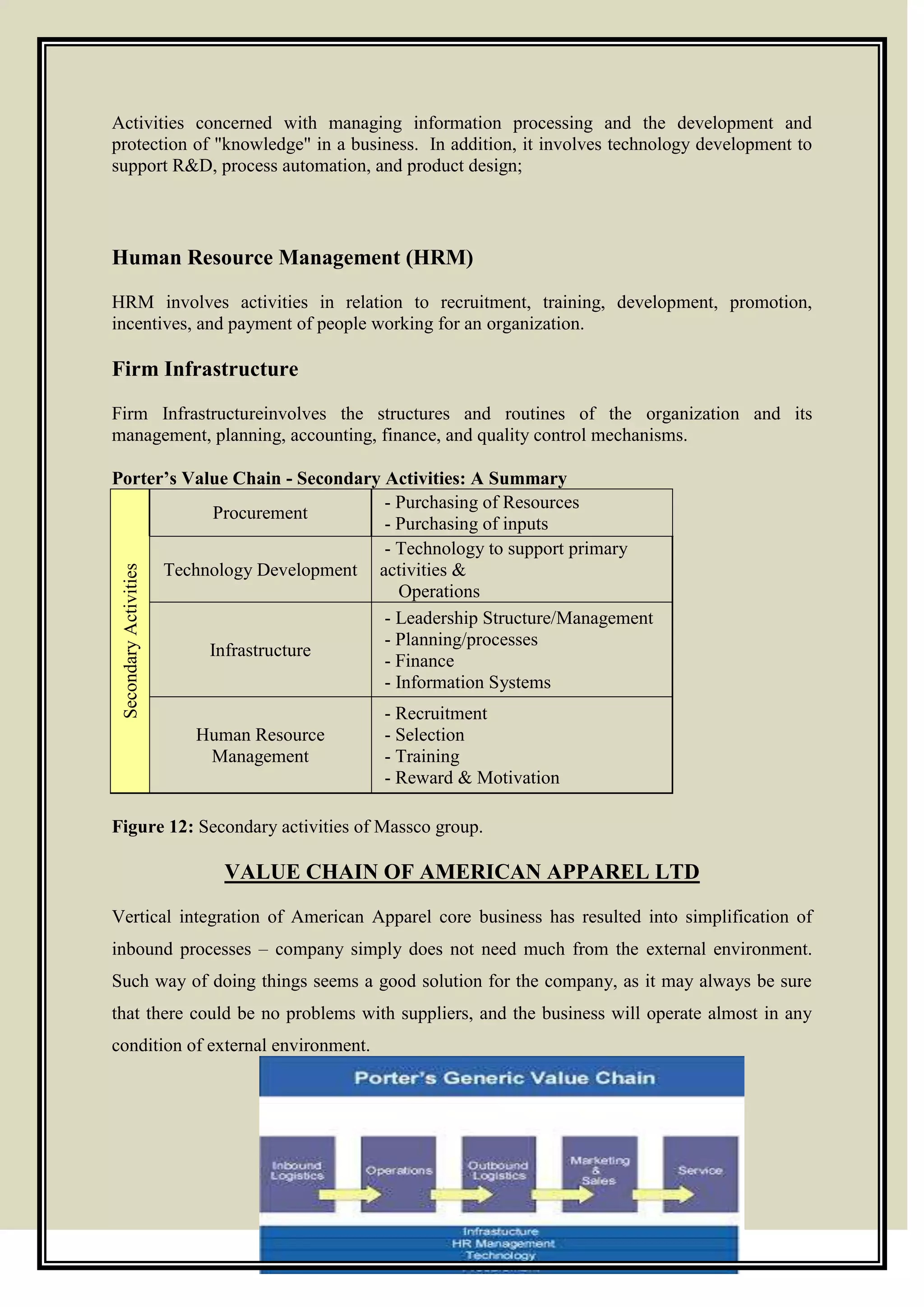 Activities concerned with managing information processing and the development and
protection of "knowledge" in a business. In addition, it involves technology development to
support R&D, process automation, and product design;
Human Resource Management (HRM)
HRM involves activities in relation to recruitment, training, development, promotion,
incentives, and payment of people working for an organization.
Firm Infrastructure
Firm Infrastructureinvolves the structures and routines of the organization and its
management, planning, accounting, finance, and quality control mechanisms.
Porter’s Value Chain - Secondary Activities: A Summary
SecondaryActivities
Procurement
- Purchasing of Resources
- Purchasing of inputs
Technology Development
- Technology to support primary
activities &
Operations
Infrastructure
- Leadership Structure/Management
- Planning/processes
- Finance
- Information Systems
Human Resource
Management
- Recruitment
- Selection
- Training
- Reward & Motivation
Figure 12: Secondary activities of Massco group.
VALUE CHAIN OF AMERICAN APPAREL LTD
Vertical integration of American Apparel core business has resulted into simplification of
inbound processes – company simply does not need much from the external environment.
Such way of doing things seems a good solution for the company, as it may always be sure
that there could be no problems with suppliers, and the business will operate almost in any
condition of external environment.
 