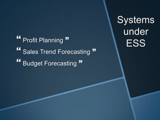 Systems
under
ESS Profit Planning ”
 Sales Trend Forecasting ”
 Budget Forecasting ”
 