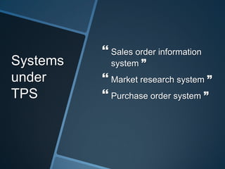 Systems
under
TPS
 Sales order information
system ”
 Market research system ”
 Purchase order system ”
 