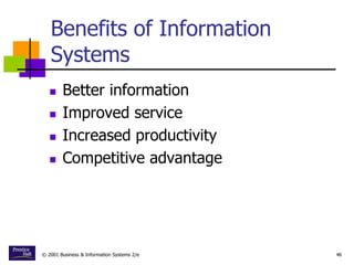 © 2001 Business & Information Systems 2/e 46
Benefits of Information
Systems
 Better information
 Improved service
 Increased productivity
 Competitive advantage
 