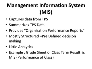 Management Information System
(MIS)
• Captures data from TPS
• Summarizes TPS Data
• Provides “Organization Performance Reports”
• Mostly Structured –Pre Defined decision
making
• Little Analytics
• Example : Grade Sheet of Class Term Result is
MIS (Performance of Class)
 