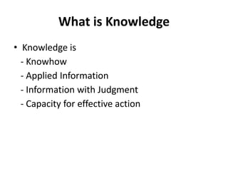 What is Knowledge
• Knowledge is
- Knowhow
- Applied Information
- Information with Judgment
- Capacity for effective action
 