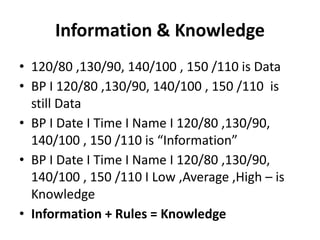 Information & Knowledge
• 120/80 ,130/90, 140/100 , 150 /110 is Data
• BP I 120/80 ,130/90, 140/100 , 150 /110 is
still Data
• BP I Date I Time I Name I 120/80 ,130/90,
140/100 , 150 /110 is “Information”
• BP I Date I Time I Name I 120/80 ,130/90,
140/100 , 150 /110 I Low ,Average ,High – is
Knowledge
• Information + Rules = Knowledge
 