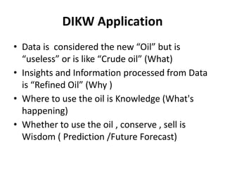 DIKW Application
• Data is considered the new “Oil” but is
“useless” or is like “Crude oil” (What)
• Insights and Information processed from Data
is “Refined Oil” (Why )
• Where to use the oil is Knowledge (What's
happening)
• Whether to use the oil , conserve , sell is
Wisdom ( Prediction /Future Forecast)
 