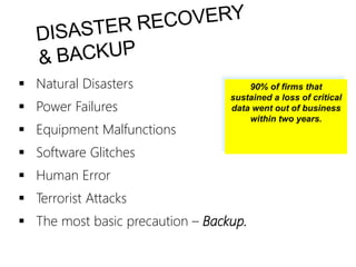  Natural Disasters
 Power Failures
 Equipment Malfunctions
 Software Glitches
 Human Error
 Terrorist Attacks
 The most basic precaution – Backup.
90% of firms that
sustained a loss of critical
data went out of business
within two years.
 