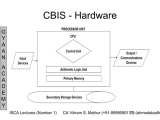 CBIS - Hardware
G
Y
A
A
N
A
C
A
D
E
M
Y
    ISCA Lectures (Number 1)   CA Vikram S. Mathur (+91-9998090111) (ahmedabadfc
                                                                21
 