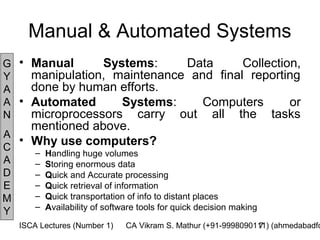 Manual & Automated Systems
G • Manual      Systems:     Data      Collection,
Y   manipulation, maintenance and final reporting
A   done by human efforts.
A • Automated      Systems:     Computers       or
N   microprocessors carry out all the tasks
    mentioned above.
A
  • Why use computers?
C   – Handling huge volumes
A       –   Storing enormous data
D       –   Quick and Accurate processing
E       –   Quick retrieval of information
M       –   Quick transportation of info to distant places
        –   Availability of software tools for quick decision making
Y
    ISCA Lectures (Number 1)     CA Vikram S. Mathur (+91-9998090111) (ahmedabadfc
                                                                  7
 