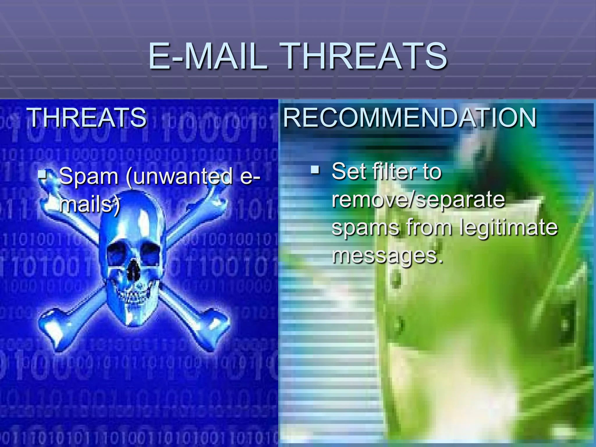 E-MAIL THREATS
THREATS               RECOMMENDATION

 Spam (unwanted e-     Set filter to
 mails)                  remove/separate
                         spams from legitimate
                         messages.
 