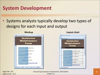 System Development Systems analysts typically develop two types of designs for each input and output Pages 430 - 431 Figures 11-8 – 11-9 Discovering Computers Fundamentals, 2010 Edition Chapter 11 Mockup Layout chart 