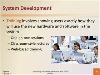 System Development Training  involves showing users exactly how they will use the new hardware and software in the system One-on-one sessions Classroom-style lectures Web-based training Page 433 Figure 11-11 Discovering Computers Fundamentals, 2010 Edition Chapter 11 